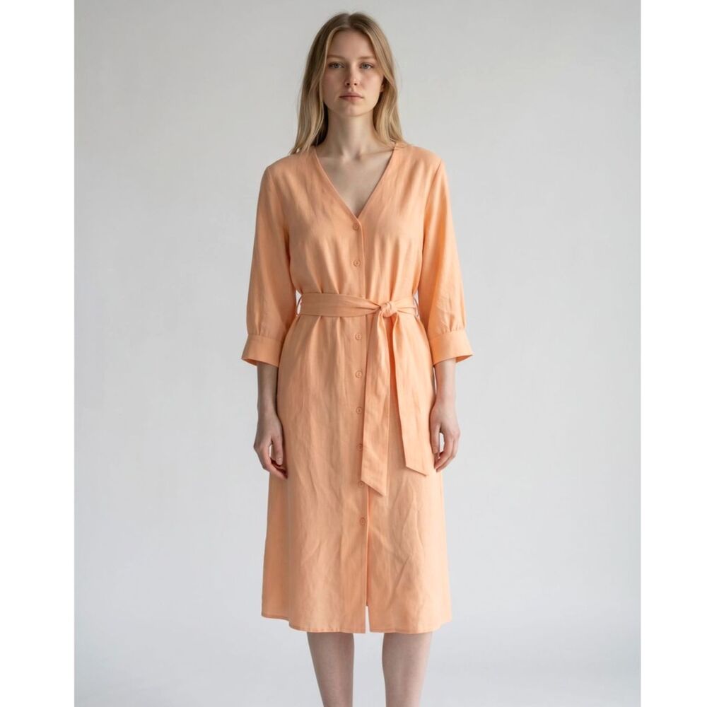 H&M Peach Cotton Blend Button Front Tie Waist Midi Dress Women's XL NWT